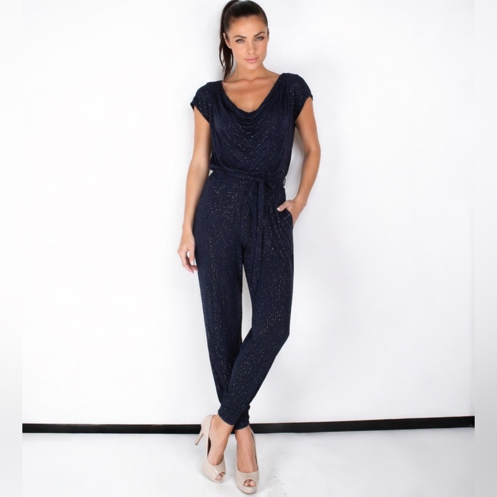 Grayse Jumpsuit Diamond Pave Cowl Neck Navy Stud Large CottageCore Y2K Glam - Picture 7 of 15